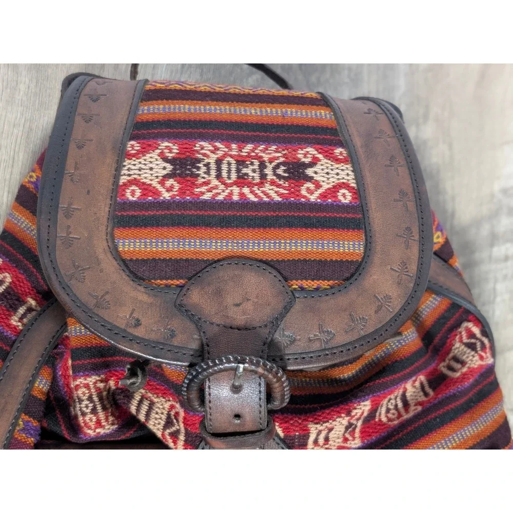 Handcrafted Tooled Leather‎ Bohemian Backpack Aztec Burgundy Brown
